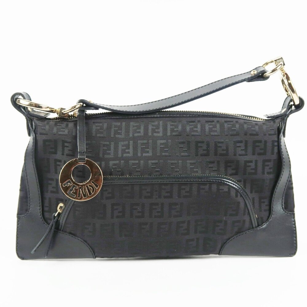 FENDI Italian Zucchino Black Hobo Bag Canvas Leather - Picture 2 of 9